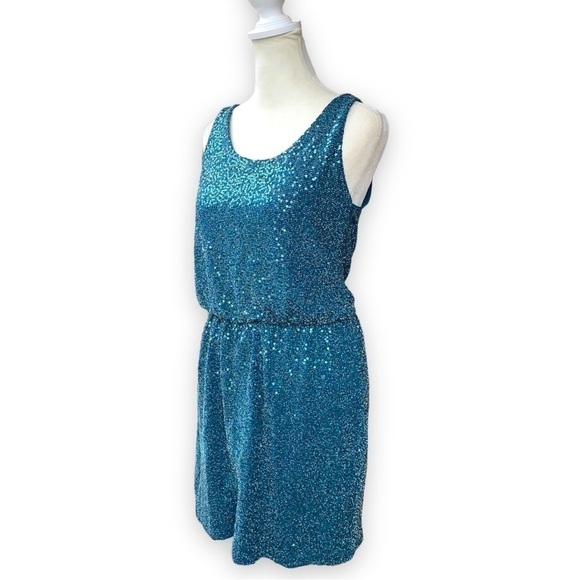 𝅺EXPRESS Teal Sequin Low Surplice Back Cocktail Mini Dress - Picture 6 of 14